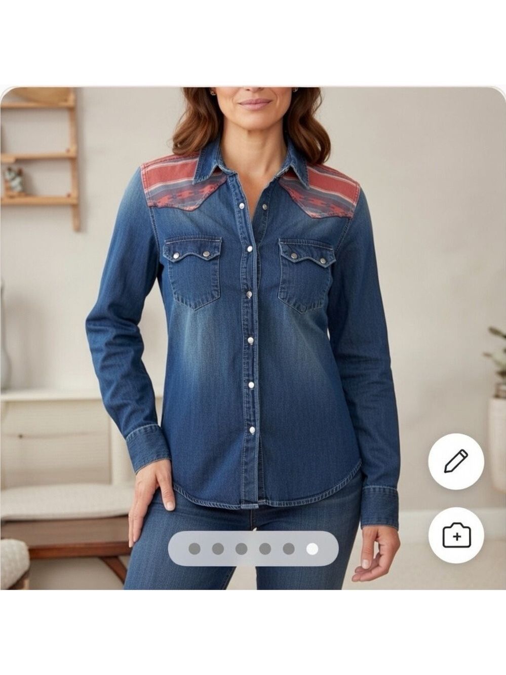 Gap Small Slim Fit Denim Western Shirt Red Blue Yoke Snap Cowboy